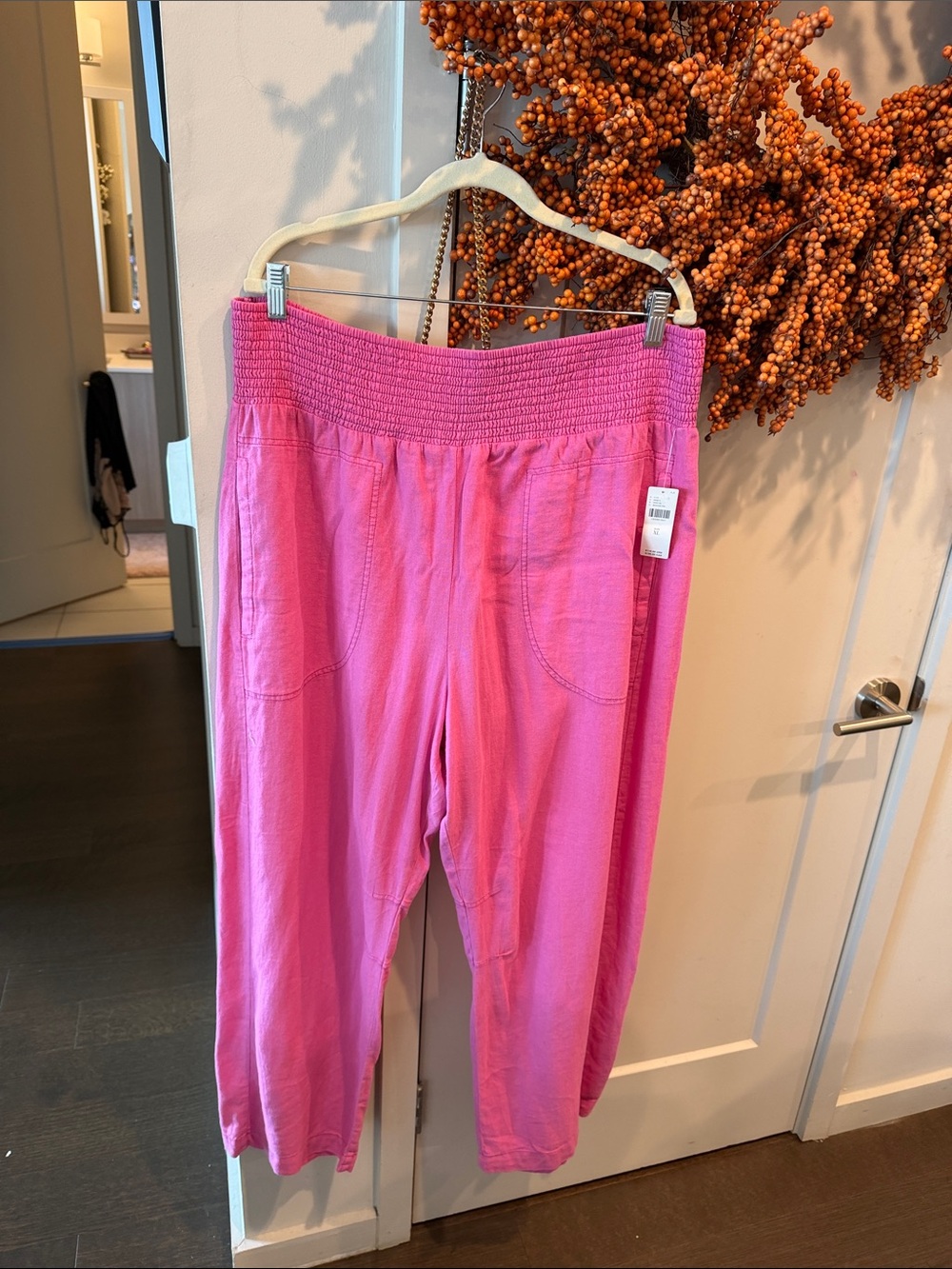 Anthropologie Pink Cropped Smocked-Waist Pants